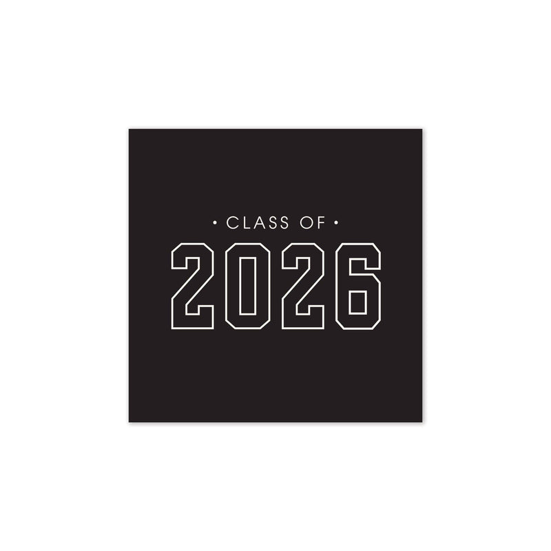 A square black paper napkin with "Class of 2026" printed in a white block-style font for a commencement celebration.