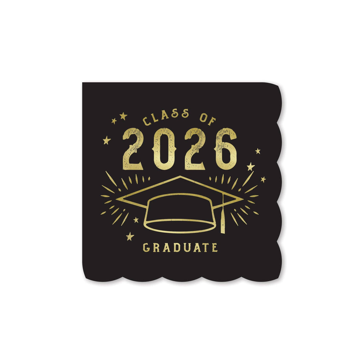 A matte black paper cocktail napkin with a scalloped silhouette featuring a gold foil 2026 graduate design.