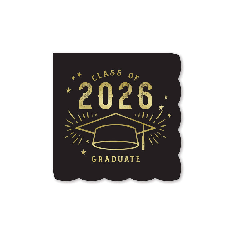 A matte black paper cocktail napkin with a scalloped silhouette featuring a gold foil 2026 graduate design.