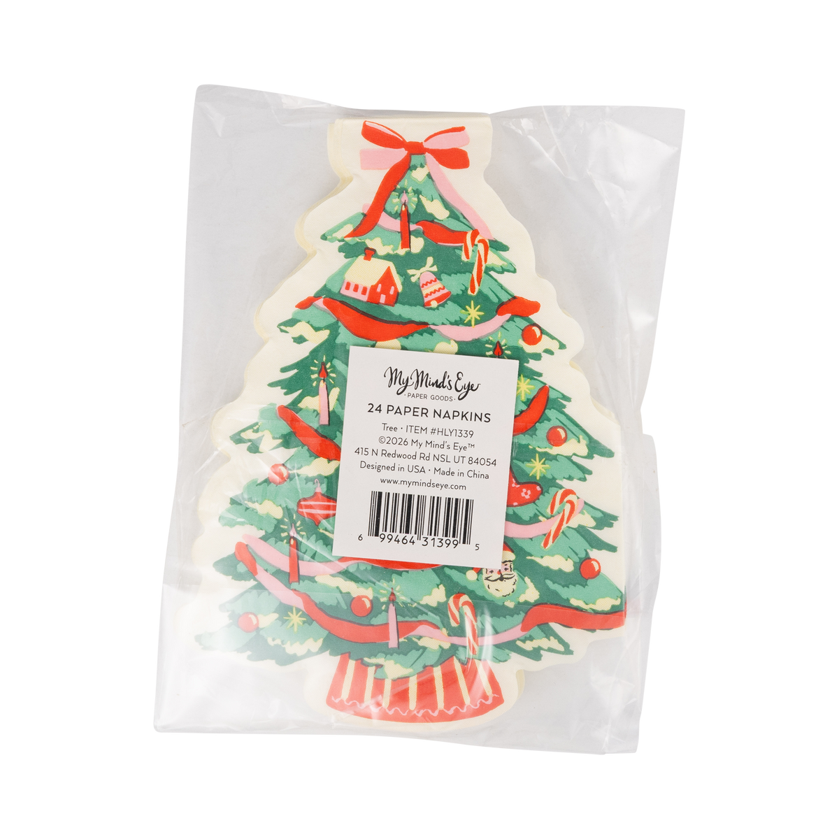 Back of the Classic Christmas tree napkins packaging showing product details and barcode