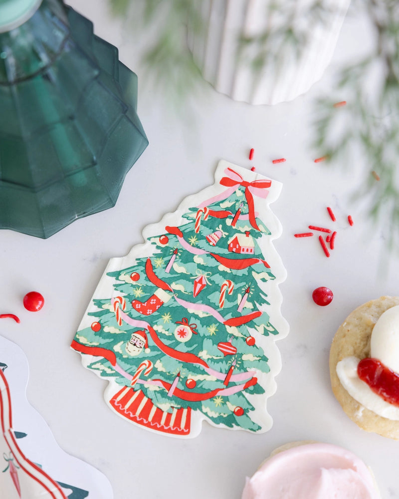 Classic Christmas tree napkins styled on a holiday party table