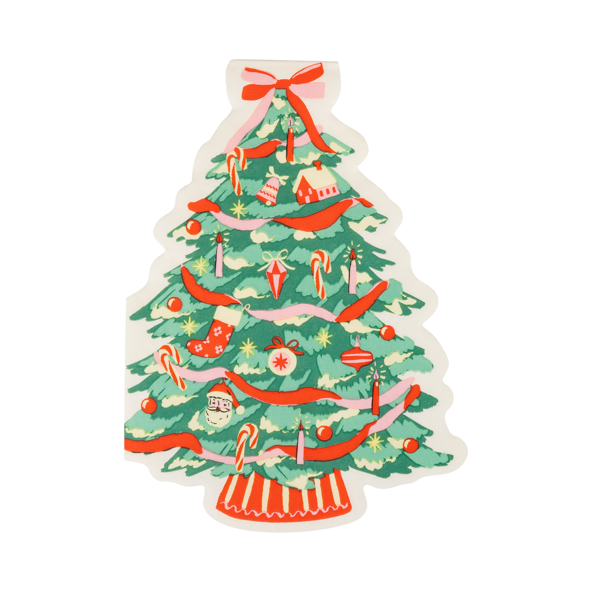 Classic Christmas tree-shaped paper napkin with a colorful decorated-tree illustration