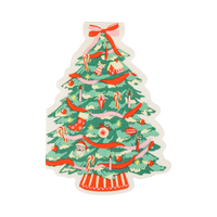 Classic Christmas tree-shaped paper napkin with a colorful decorated-tree illustration