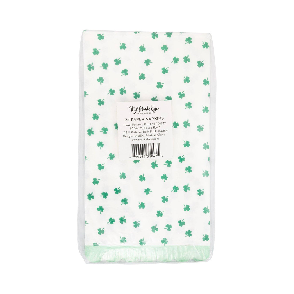 Back of clover pattern dinner napkin package showing size and quantity