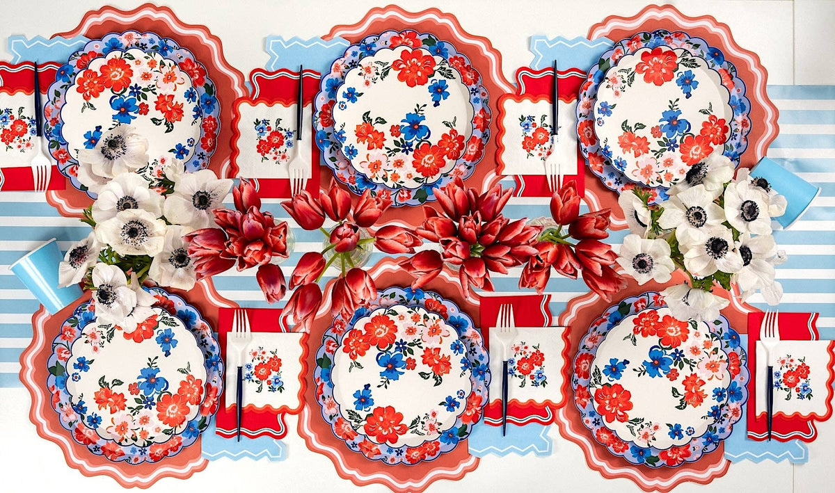 Overhead tablescape view of Floral Patriotic Plates and Americana Floral Tableware for a summer celebration.
