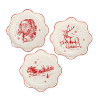 Collage image showing the three unique vintage Christmas plates designs in a set.