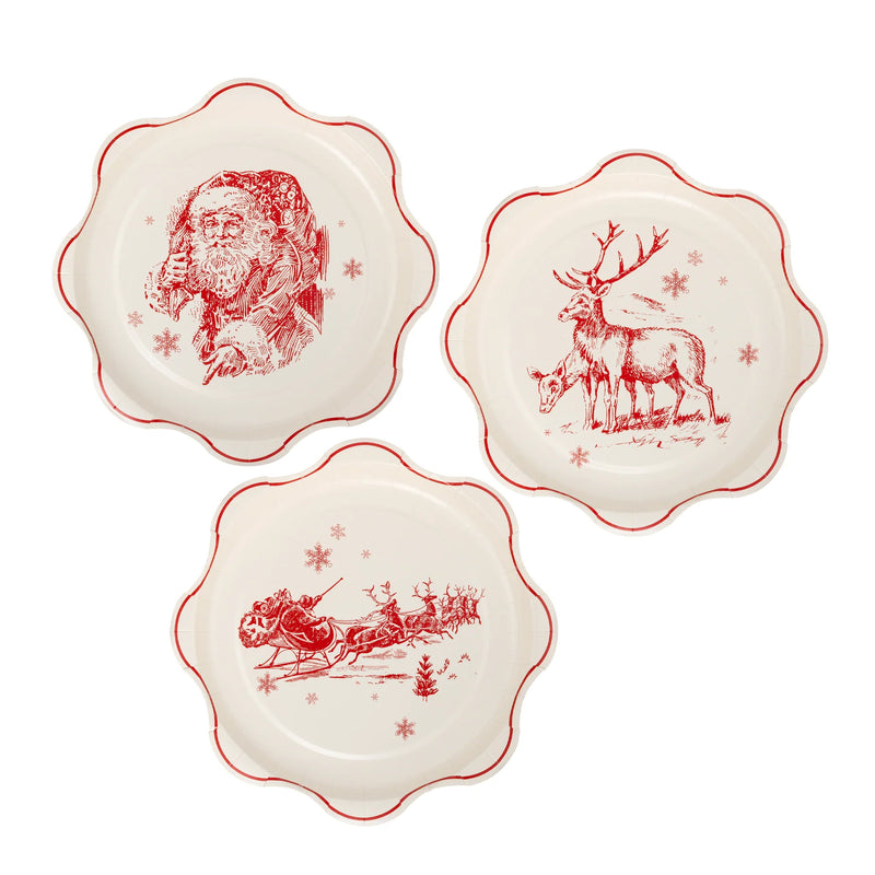 Collage image showing the three unique vintage Christmas plates designs in a set.
