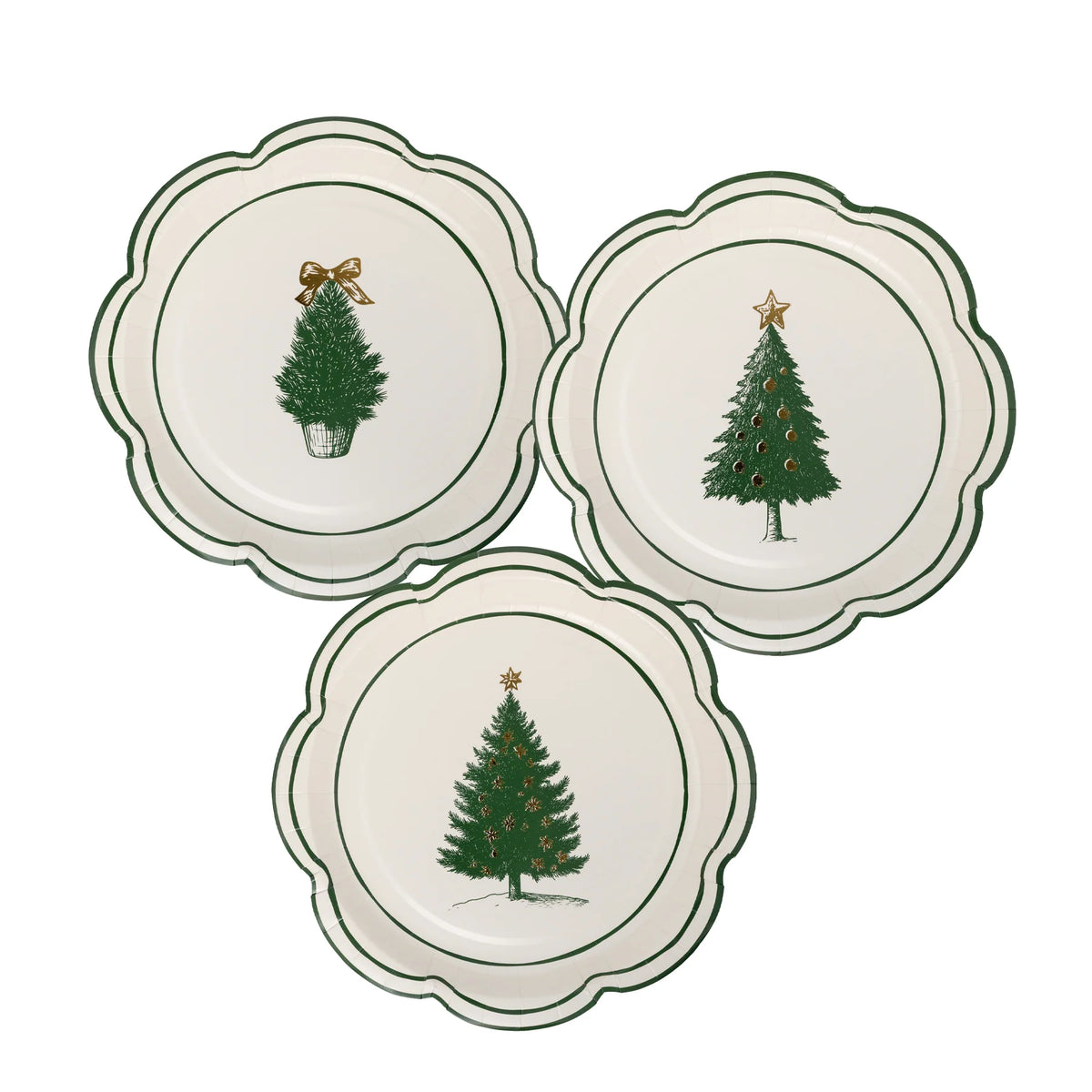 Collage of the three unique Evergreen tree plates designs with gold foil accents, showing the scalloped edge plates.