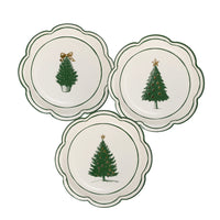 Collage of the three unique Evergreen tree plates designs with gold foil accents, showing the scalloped edge plates.