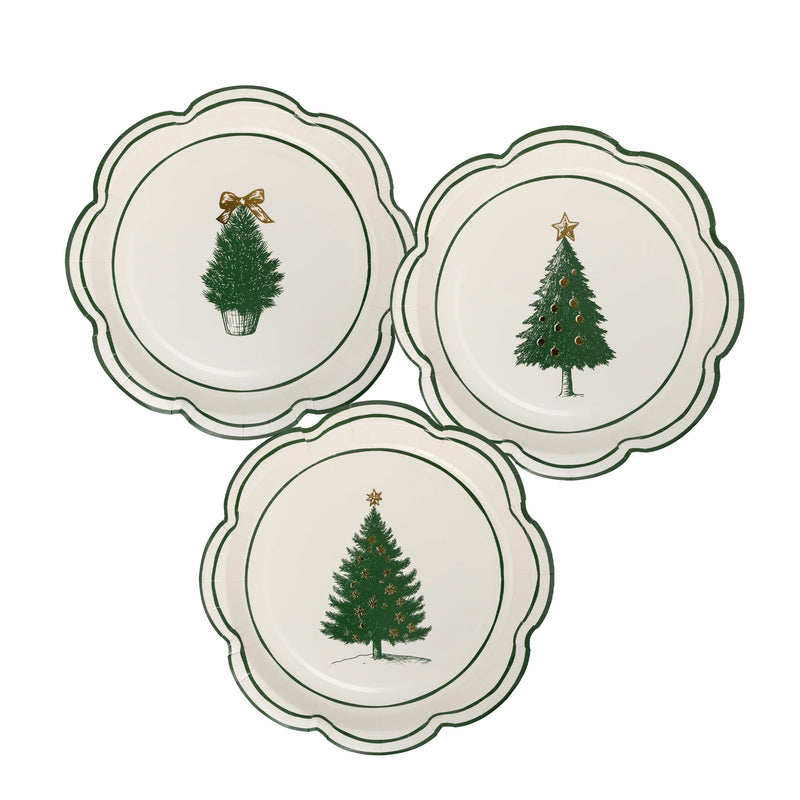 Collage of the three unique Evergreen tree plates designs with gold foil accents, showing the scalloped edge plates.