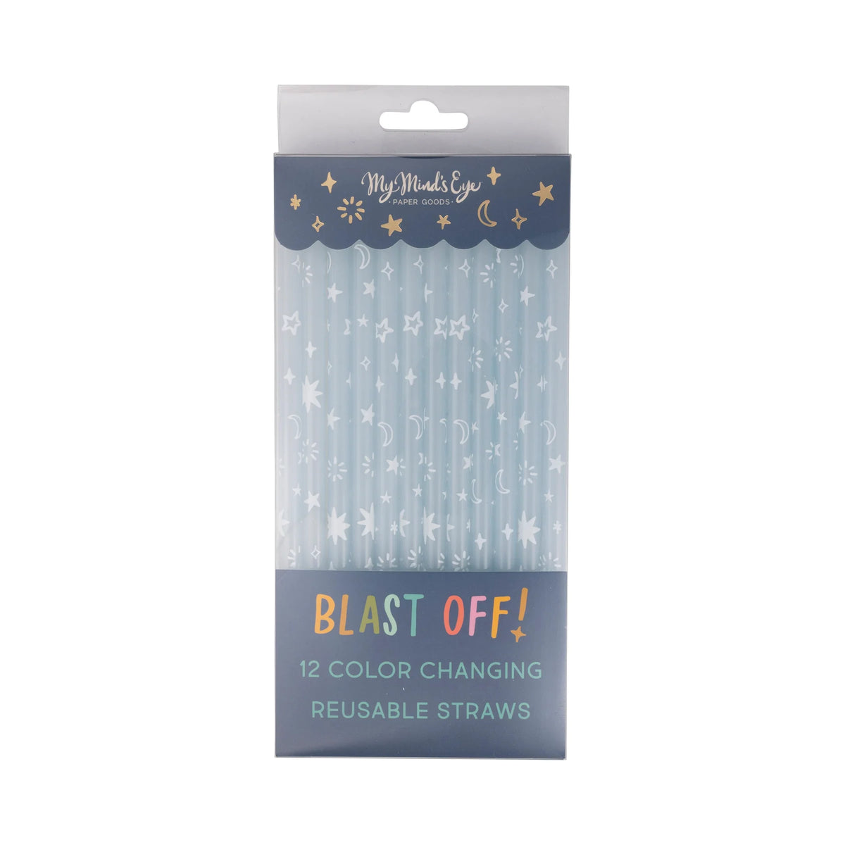 Packaging of color-changing reusable straws with star and moon designs on a white background.