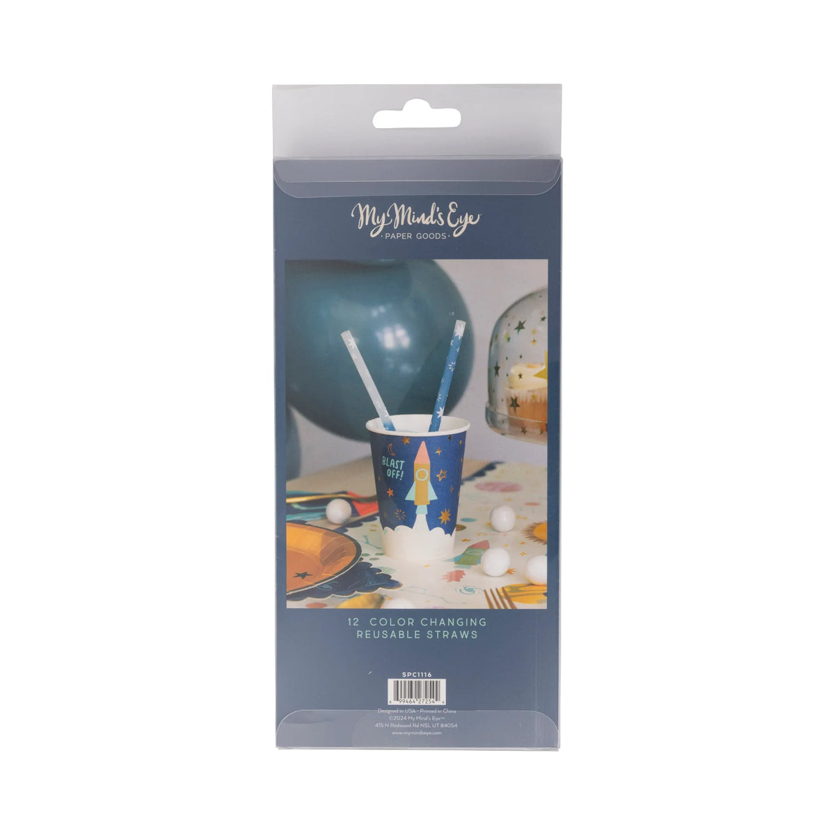 Retail package of 12 Color Changing Reusable Straws for space themed birthday party supplies.