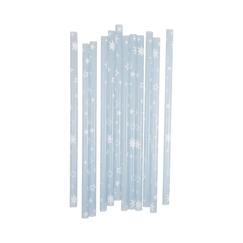 Set of 12 Color Changing Reusable Straws laid out flat showing star and moon patterns.