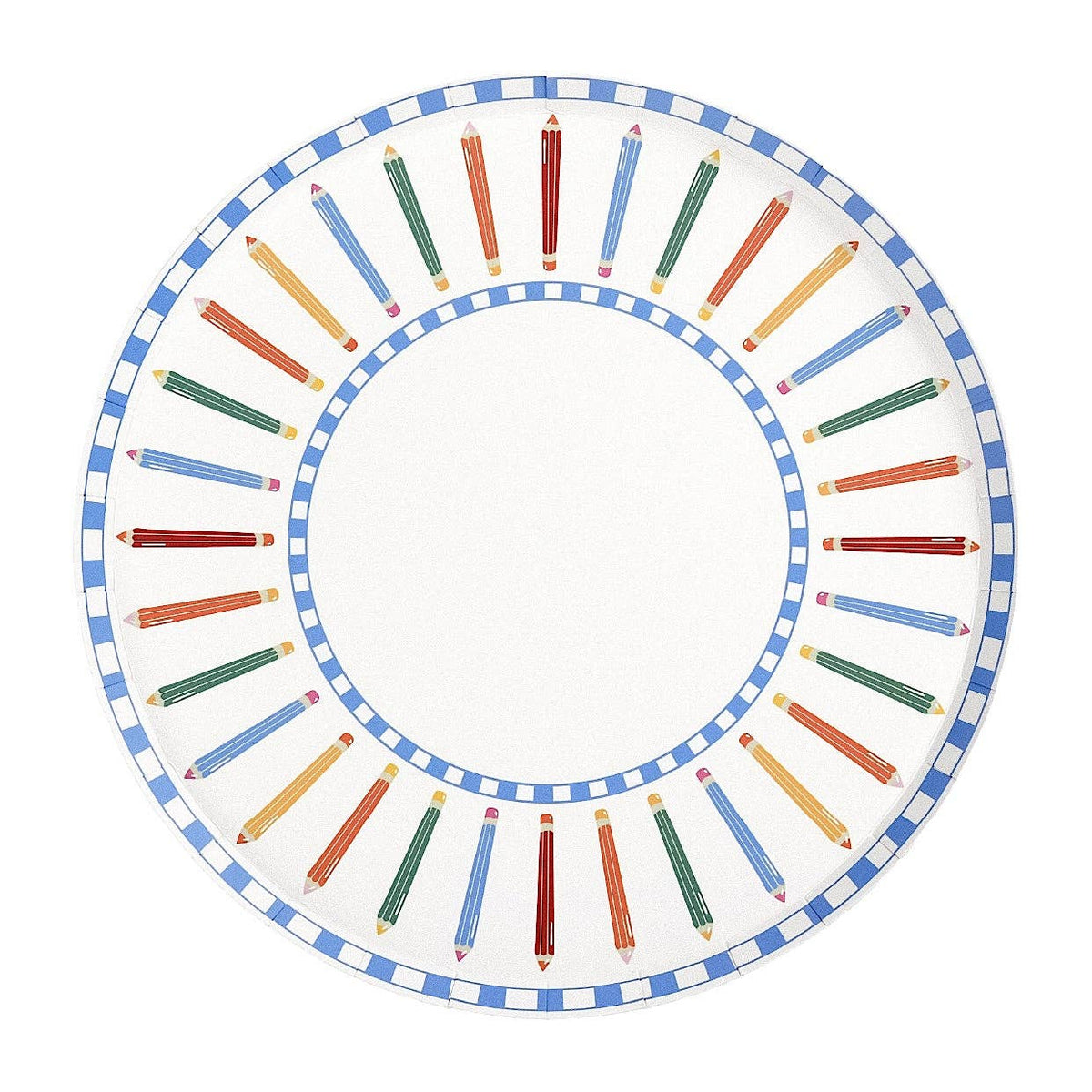 Single colored pencil paper plate on a white background showing two concentric blue-and-white checkered ring borders and a circular row of colored pencil illustrations in red, orange, yellow, green, and blue arching around the rim