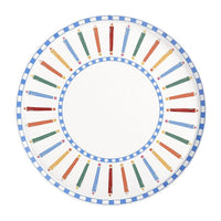 Single colored pencil paper plate on a white background showing two concentric blue-and-white checkered ring borders and a circular row of colored pencil illustrations in red, orange, yellow, green, and blue arching around the rim