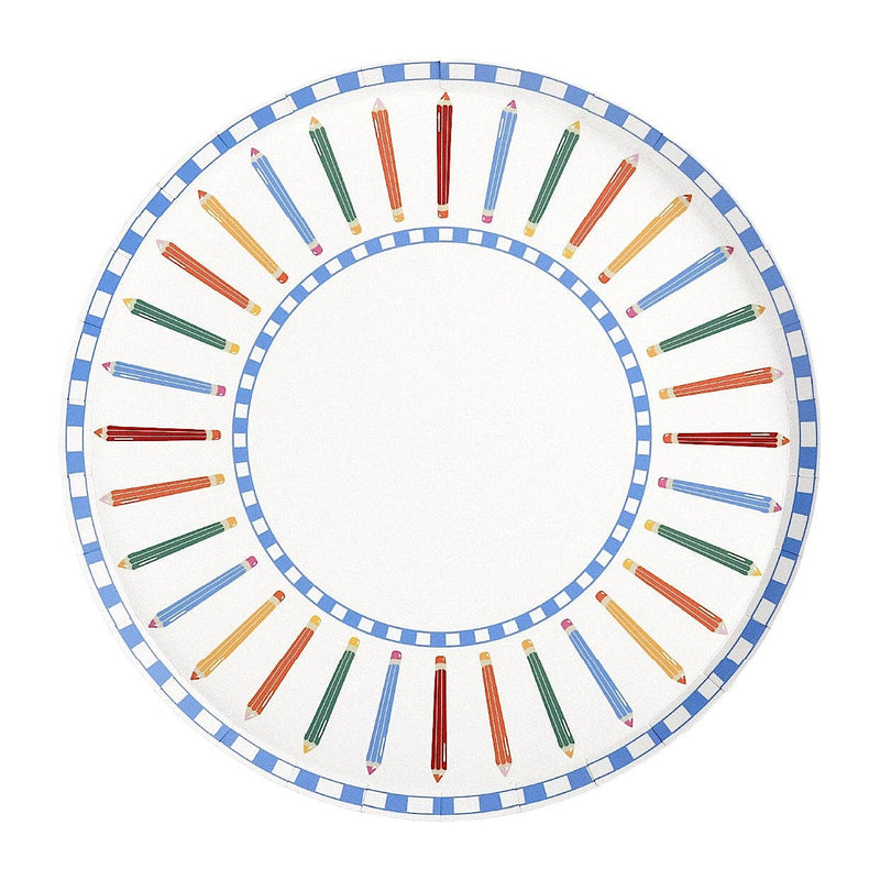 Single colored pencil paper plate on a white background showing two concentric blue-and-white checkered ring borders and a circular row of colored pencil illustrations in red, orange, yellow, green, and blue arching around the rim