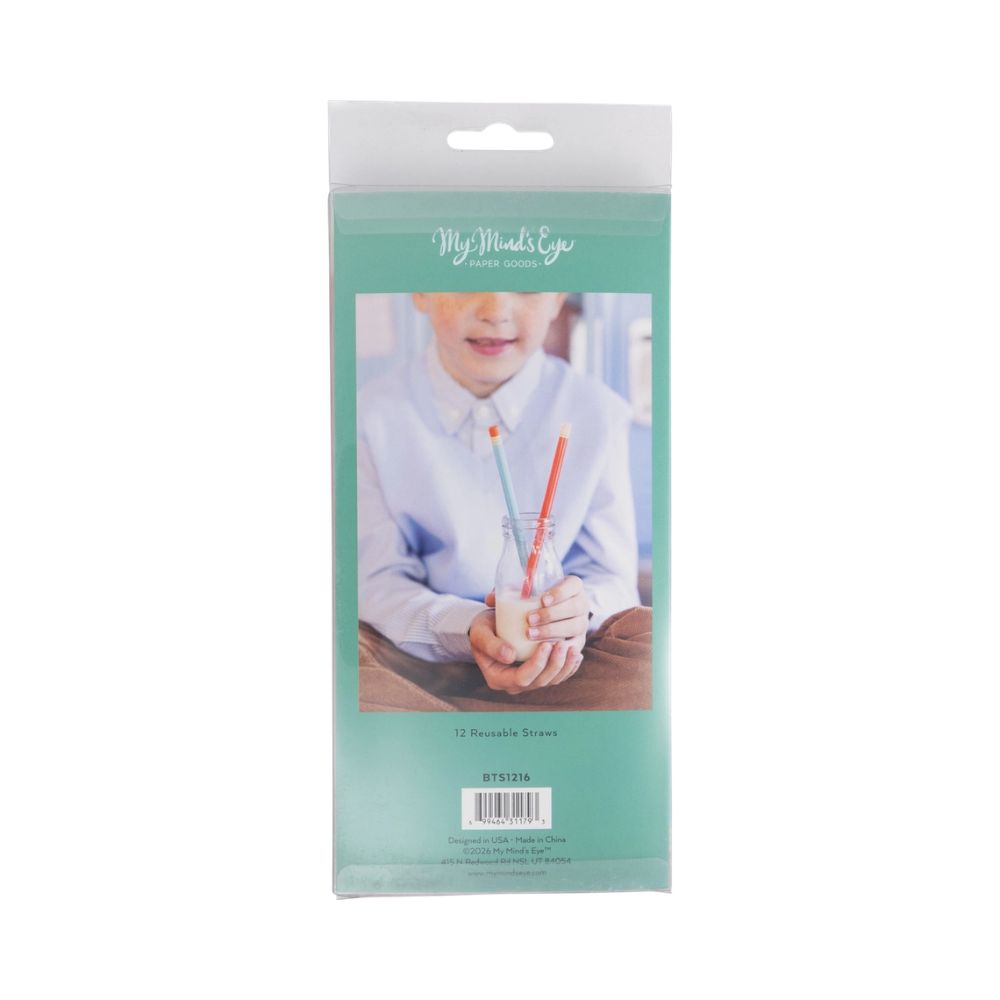 Back of packaging showing reusable straw set details.