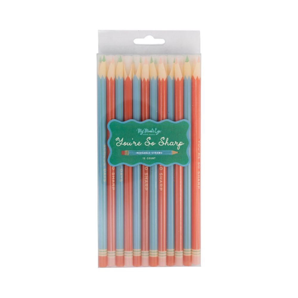 Packaged colored pencil reusable straws front view.