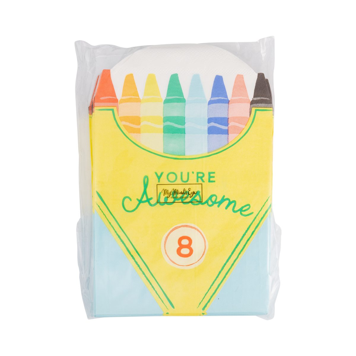 Crayon themed paper dinner napkins with colorful label design and packaging, front view.