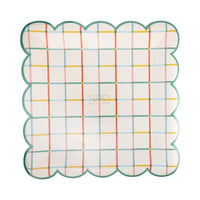 Front of colorful grid plate with packaging label.