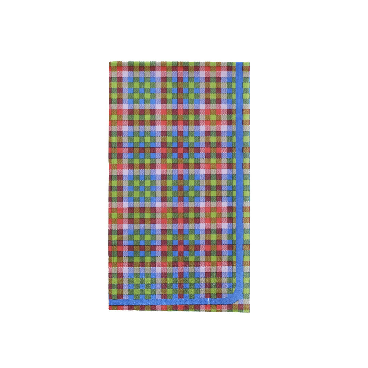 Overhead studio shot of a rectangular paper guest towel featuring a colorful plaid pattern of red, green, pink, and blue, framed by a solid blue border.