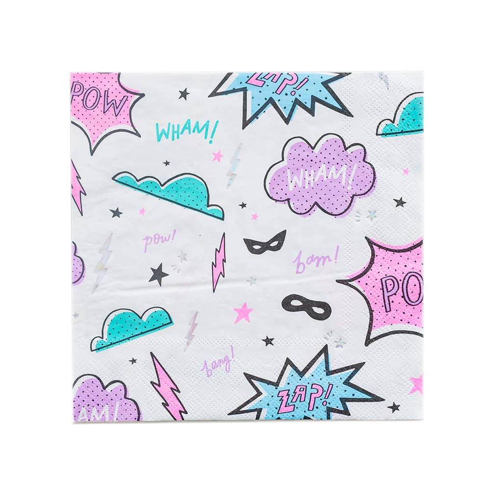 A square 6.5-inch paper napkin featuring a repeating comic book pattern with words like "POW," "WHAM," and "ZAP" in pink and teal.