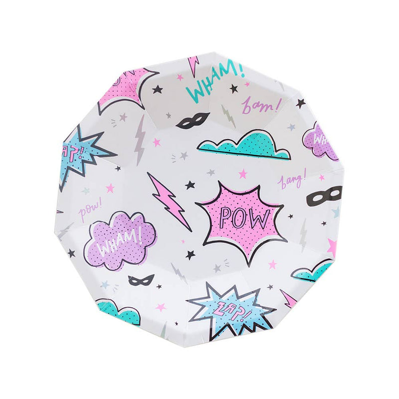 Octagon-shaped paper plate featuring comic book action words like "POW," "WHAM," and "ZAP" in pink, purple, and teal.