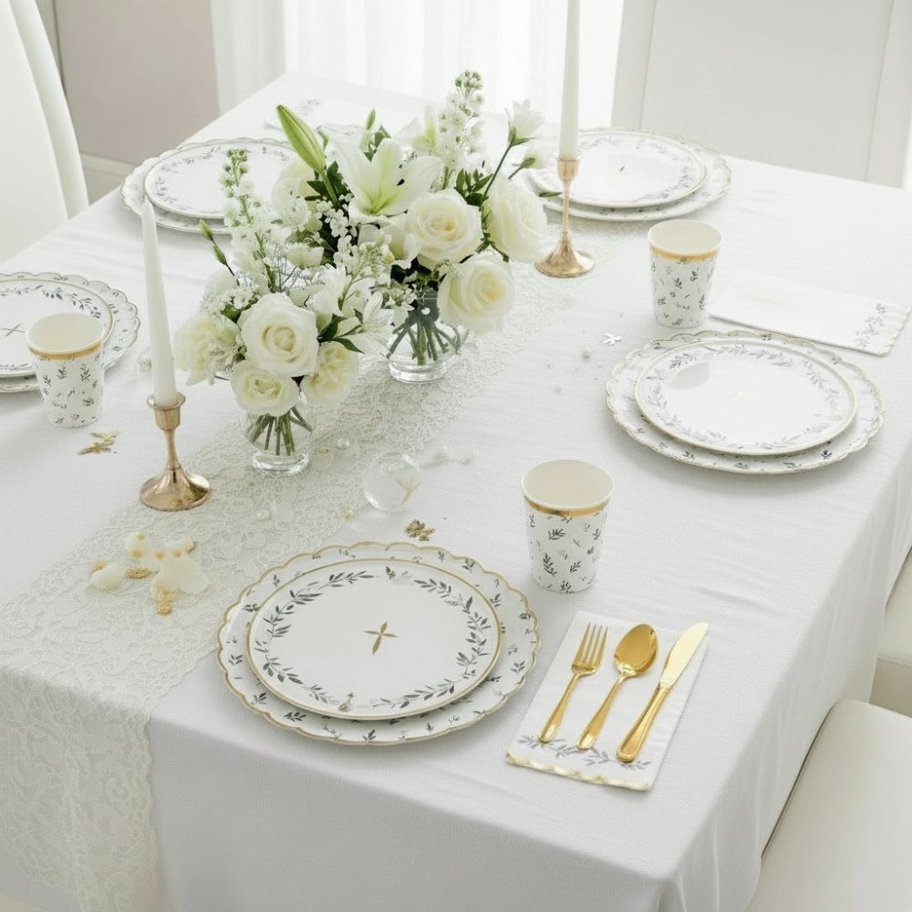 communion table with eucalyptus napkins and matching tableware
