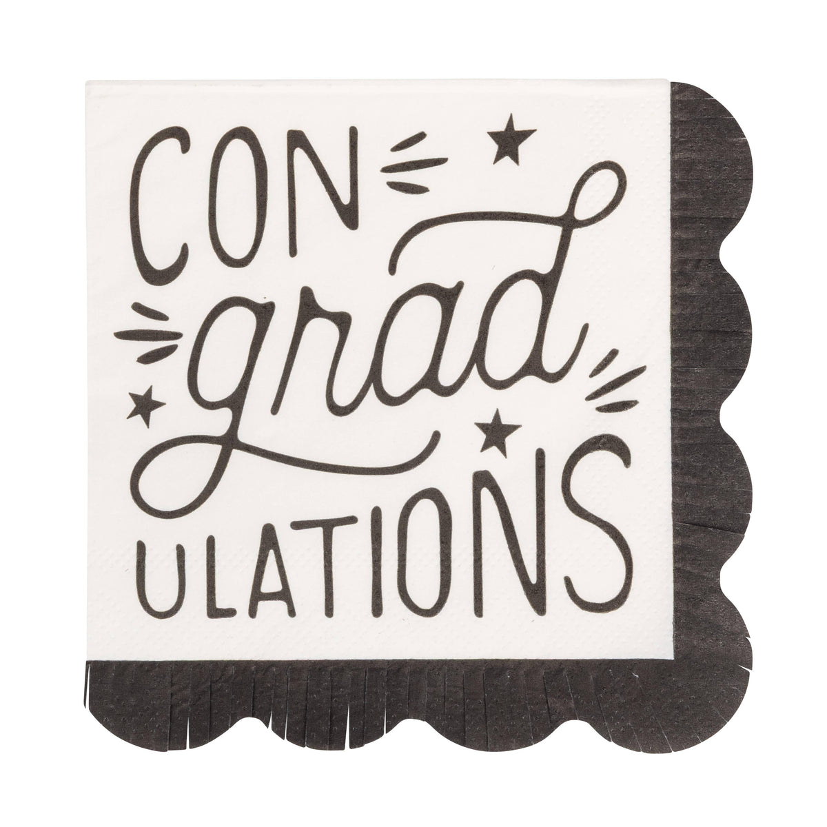 ConGRADulations graduation cocktail napkin with black lettering and scalloped edge on cream background