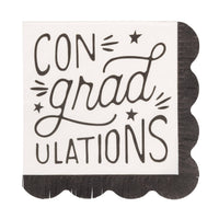 ConGRADulations graduation cocktail napkin with black lettering and scalloped edge on cream background
