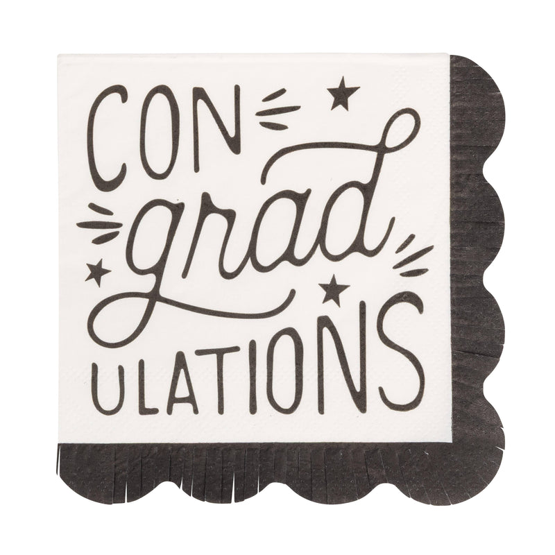 ConGRADulations graduation cocktail napkin with black lettering and scalloped edge on cream background