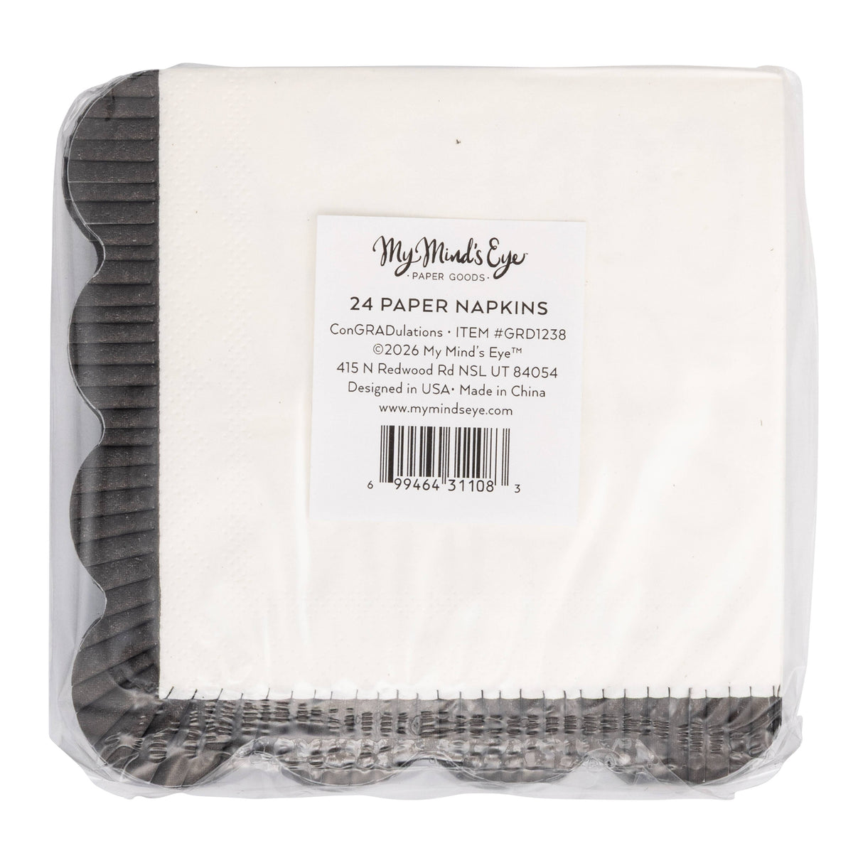 Back of packaged graduation cocktail napkins showing product details and quantity