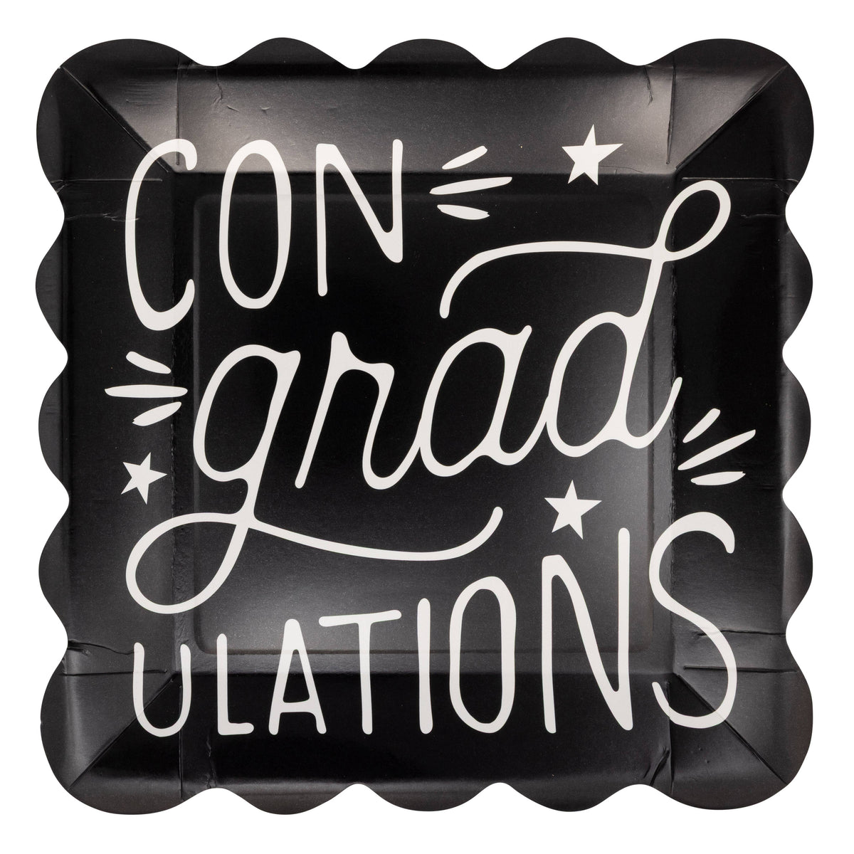 Black ConGRADulations graduation party plate with scalloped edges and bold white lettering