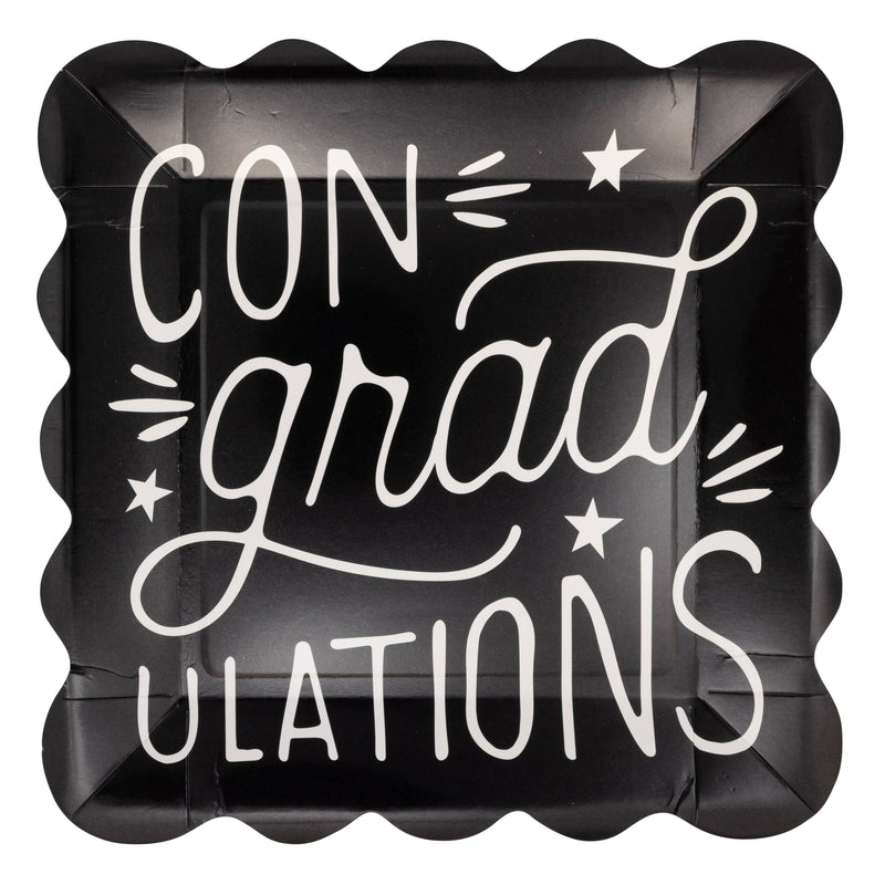 Black ConGRADulations graduation party plate with scalloped edges and bold white lettering