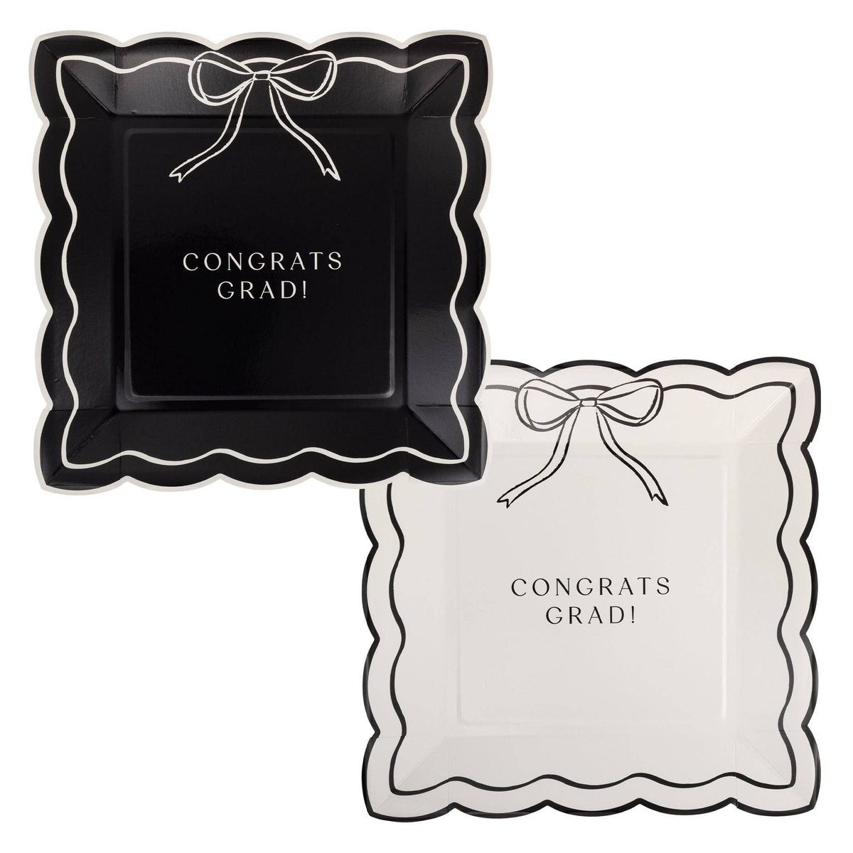 Congrats Grad bow scalloped paper plates in two inverse designs — black with cream and cream with black — showing hand-sketched bow illustration and scalloped edge on white background