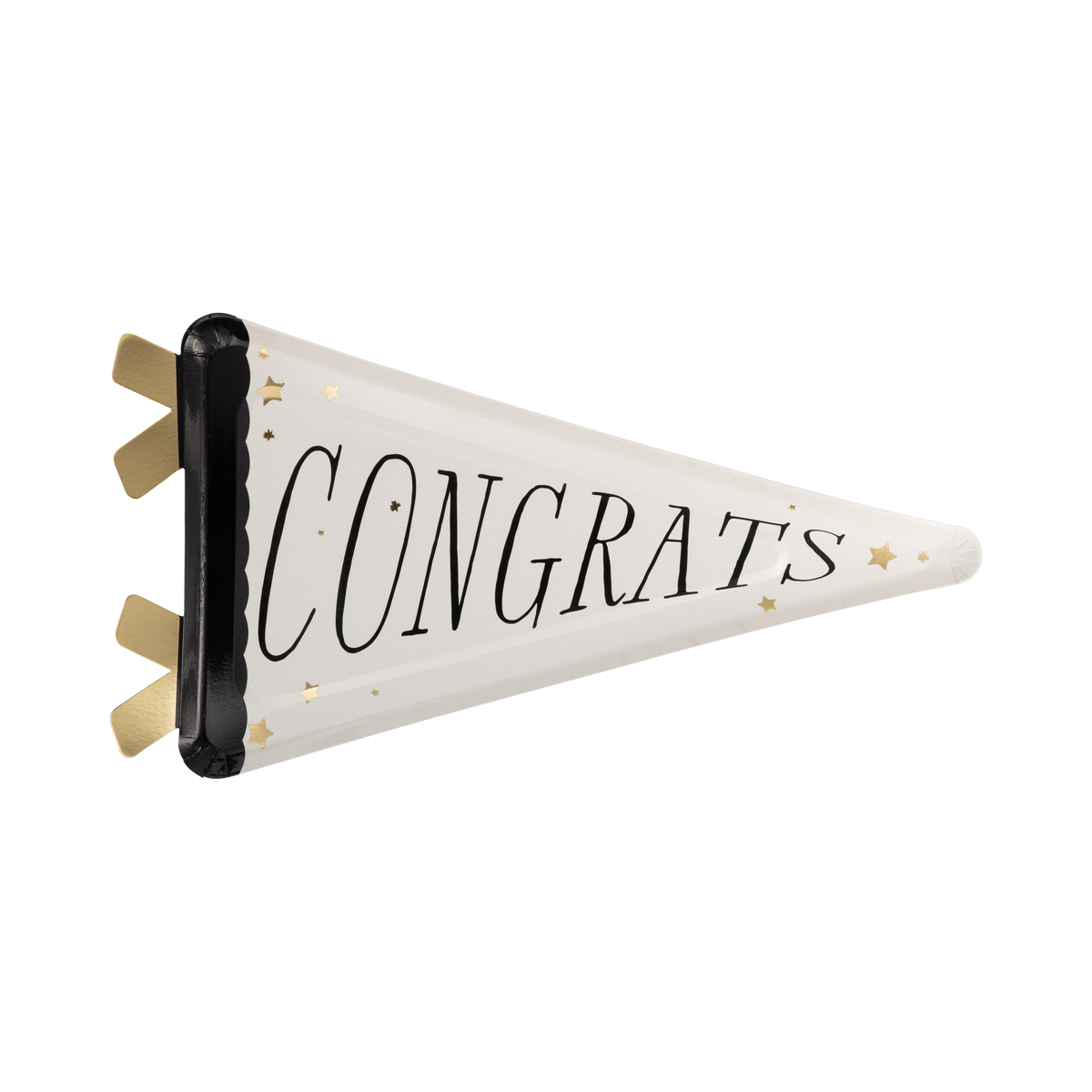 Congrats pennant shaped paper plate in warm cream with black varsity lettering, gold foil stars, gold foil ribbon tails, and black scalloped edge on white background