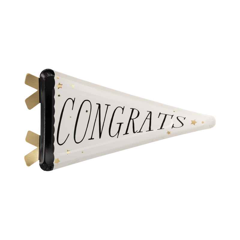Congrats pennant shaped paper plate in warm cream with black varsity lettering, gold foil stars, gold foil ribbon tails, and black scalloped edge on white background