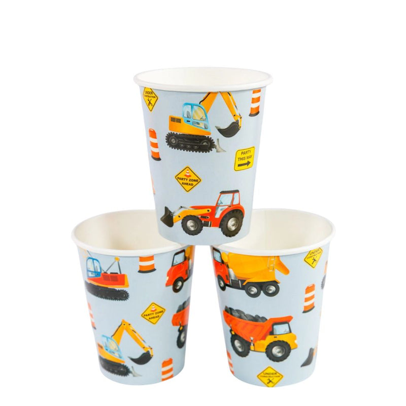 three construction themed paper cups with excavator and truck designs