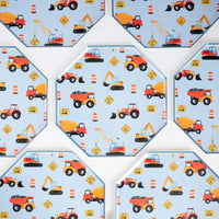 set of construction themed octagon plates arranged together