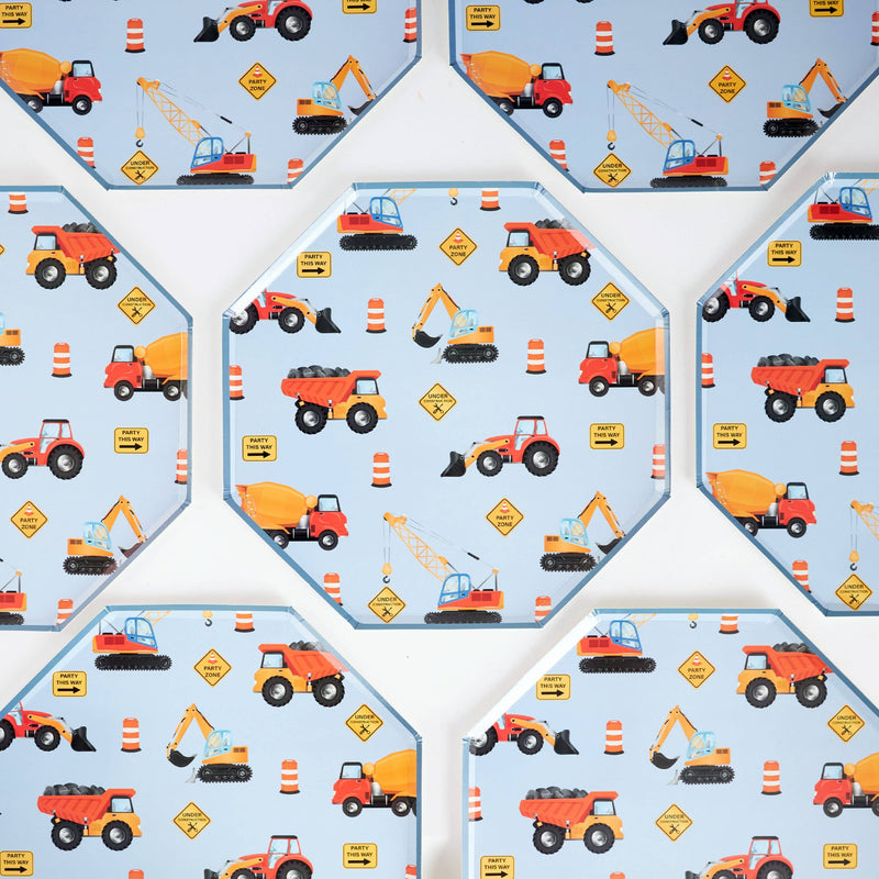 set of construction themed octagon plates arranged together