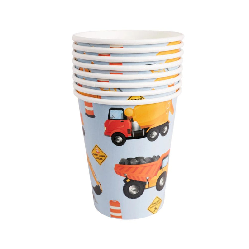 stack of construction truck paper cups with dump trucks and cement mixers