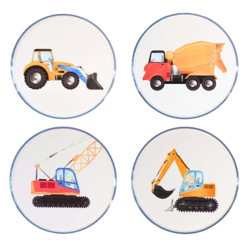 set of construction vehicle dessert plates with four designs