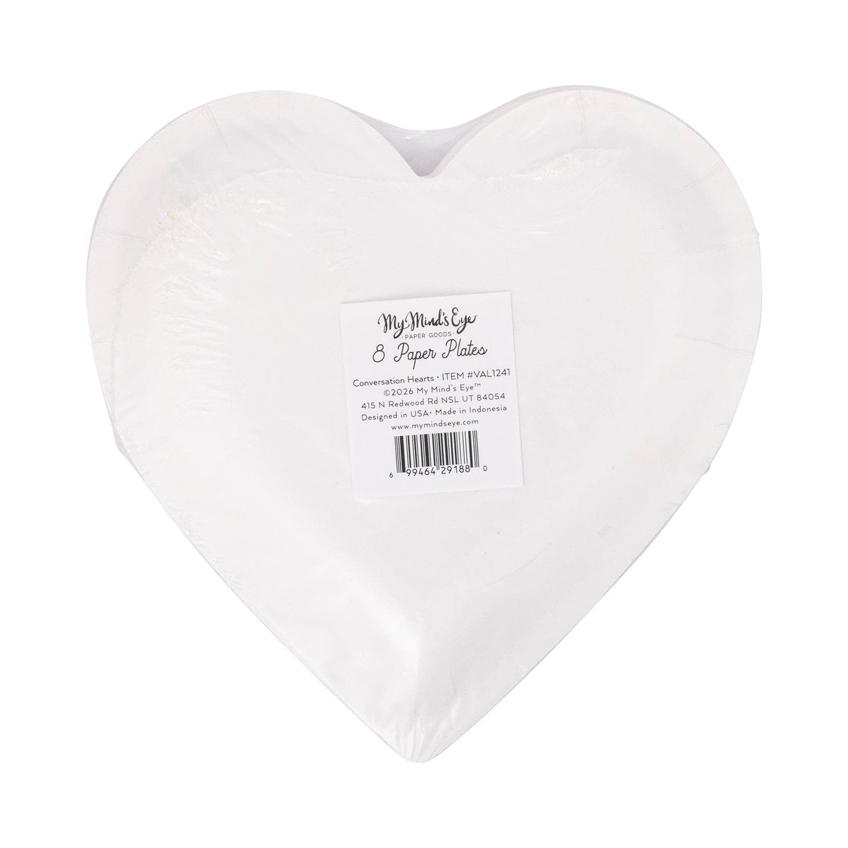 Back of packaged conversation heart shaped paper plates