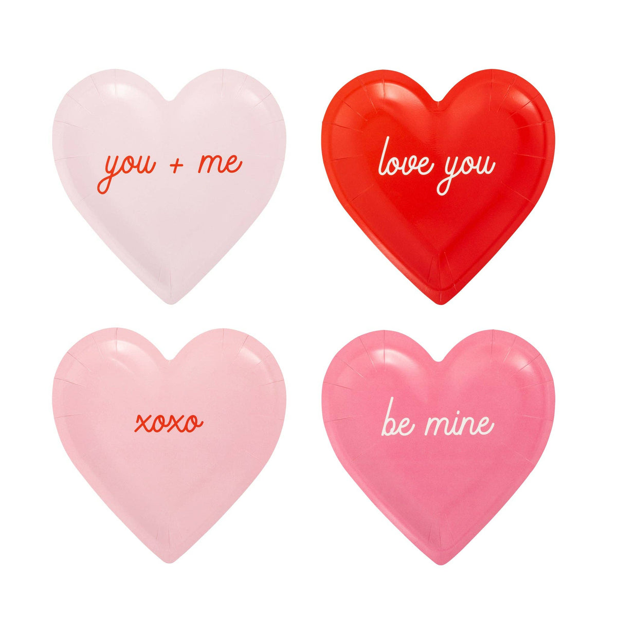 Set of conversation heart shaped paper plates with four Valentine messages