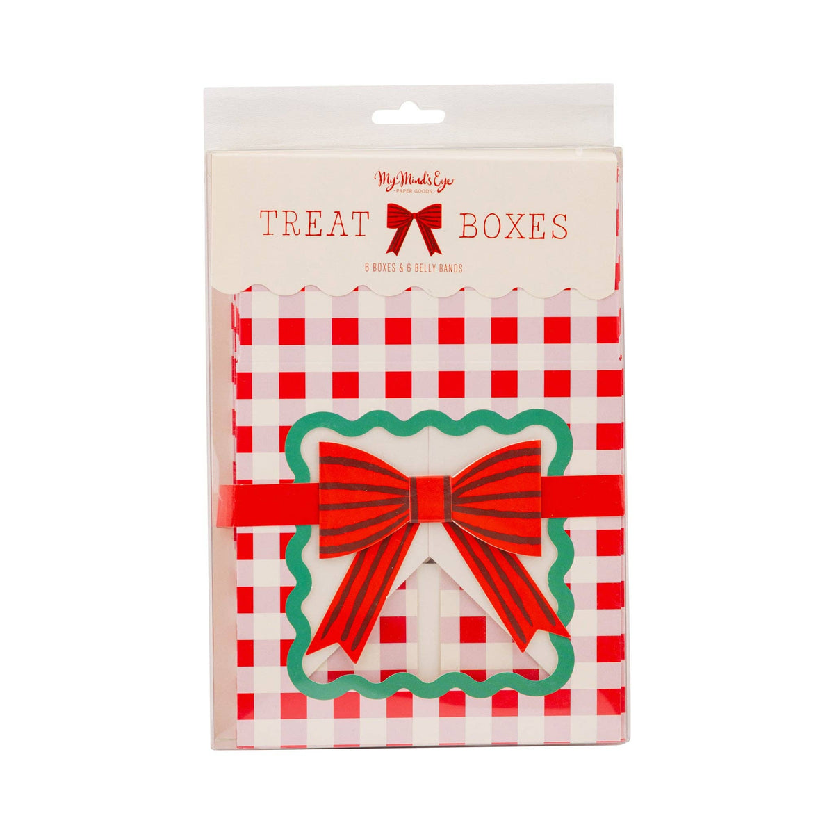 Packaged set of gingham treat boxes with red bow design