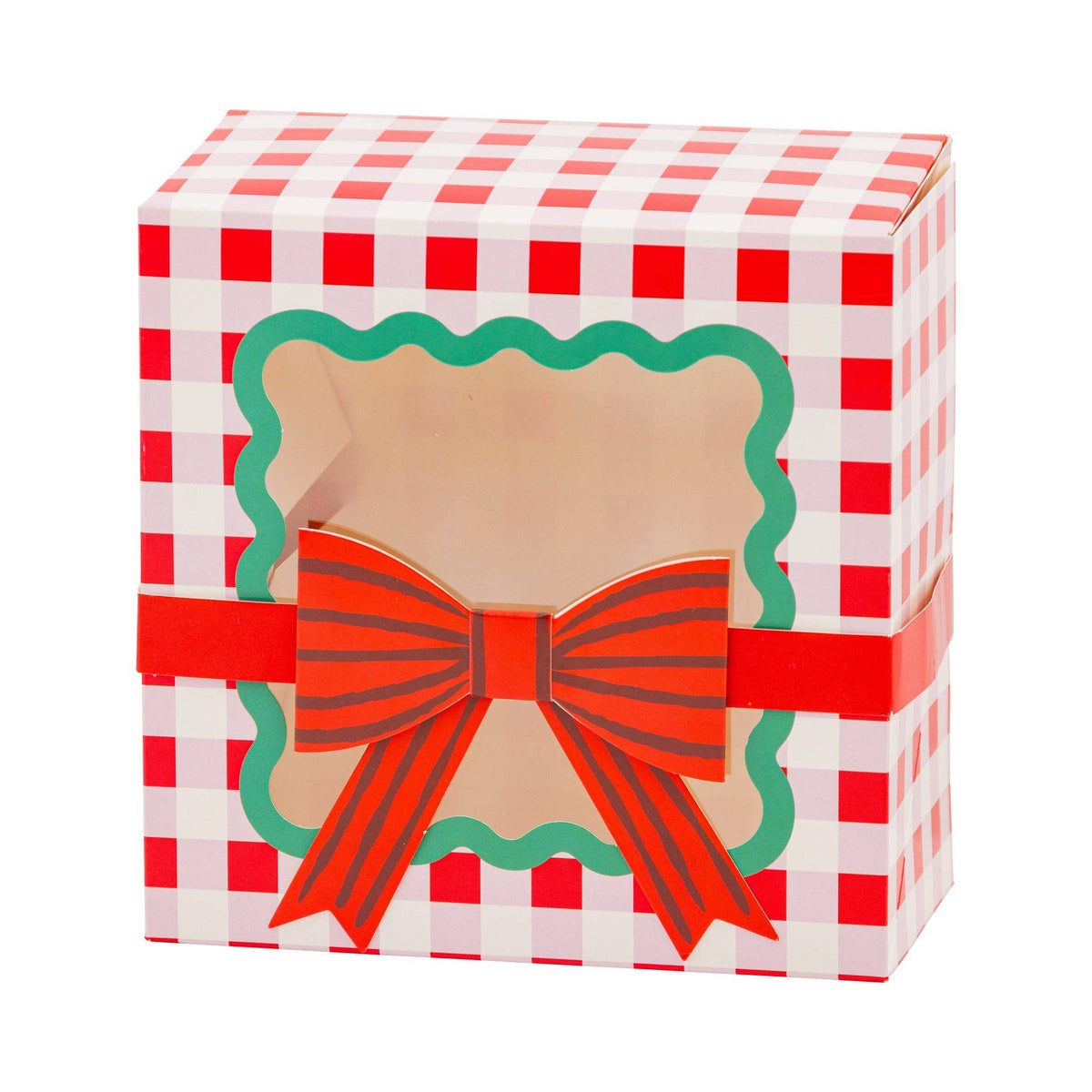 Red and white gingham cookie box with scalloped window and red bow
