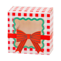 Red and white gingham cookie box with scalloped window and red bow