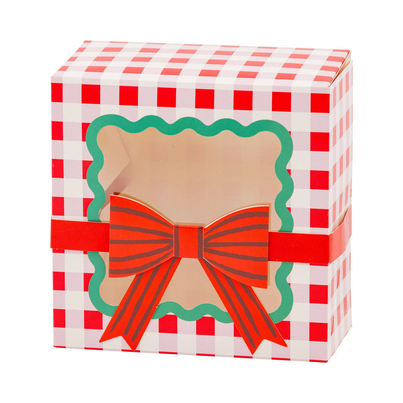 Red and white gingham cookie box with scalloped window and red bow