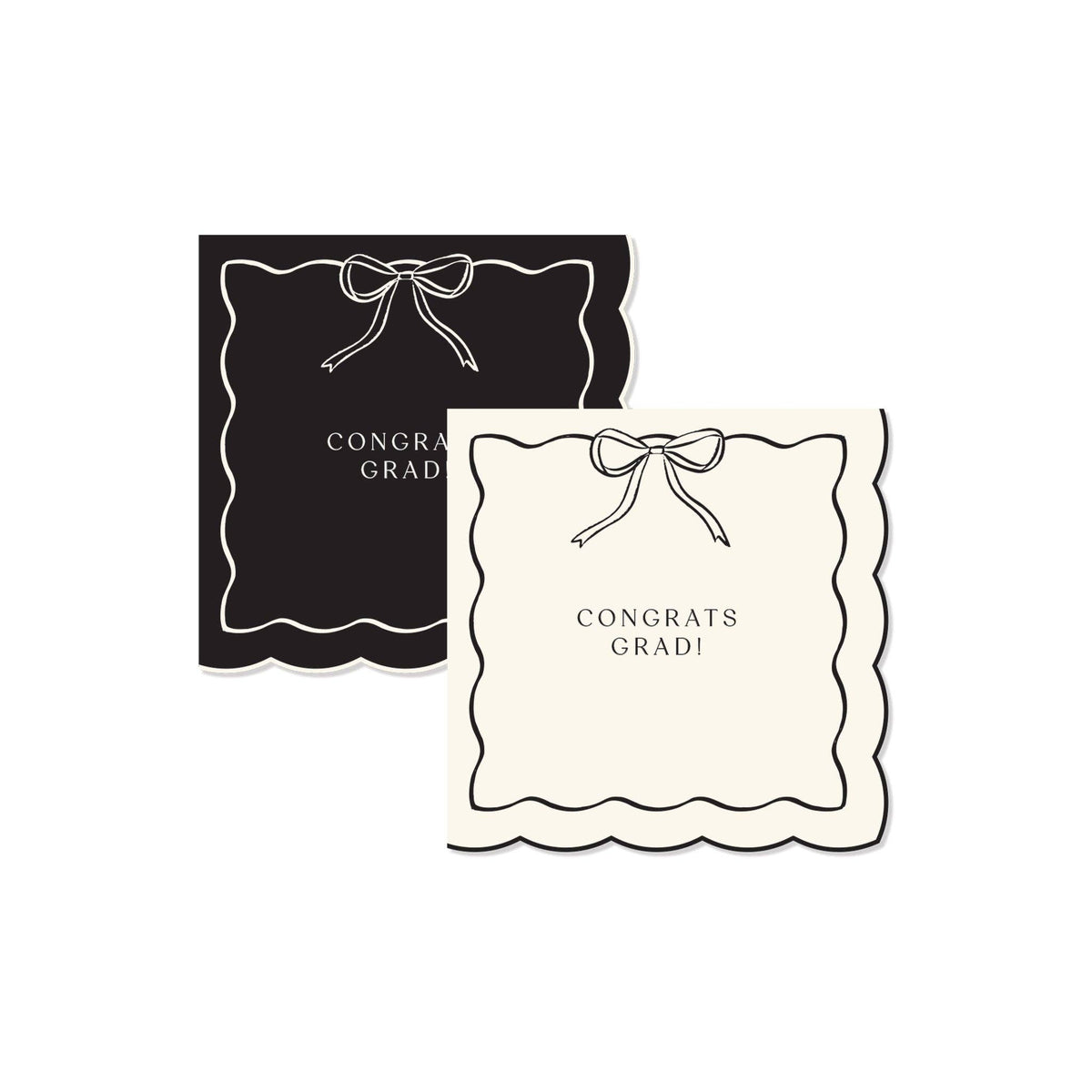 A set of black and cream Congrats Grad napkins with a scalloped edge and a Gold Foil Detail bow for a Preppy Grad celebration.