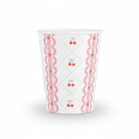 Single paper cup featuring a pink lace border and red cherry bow pattern